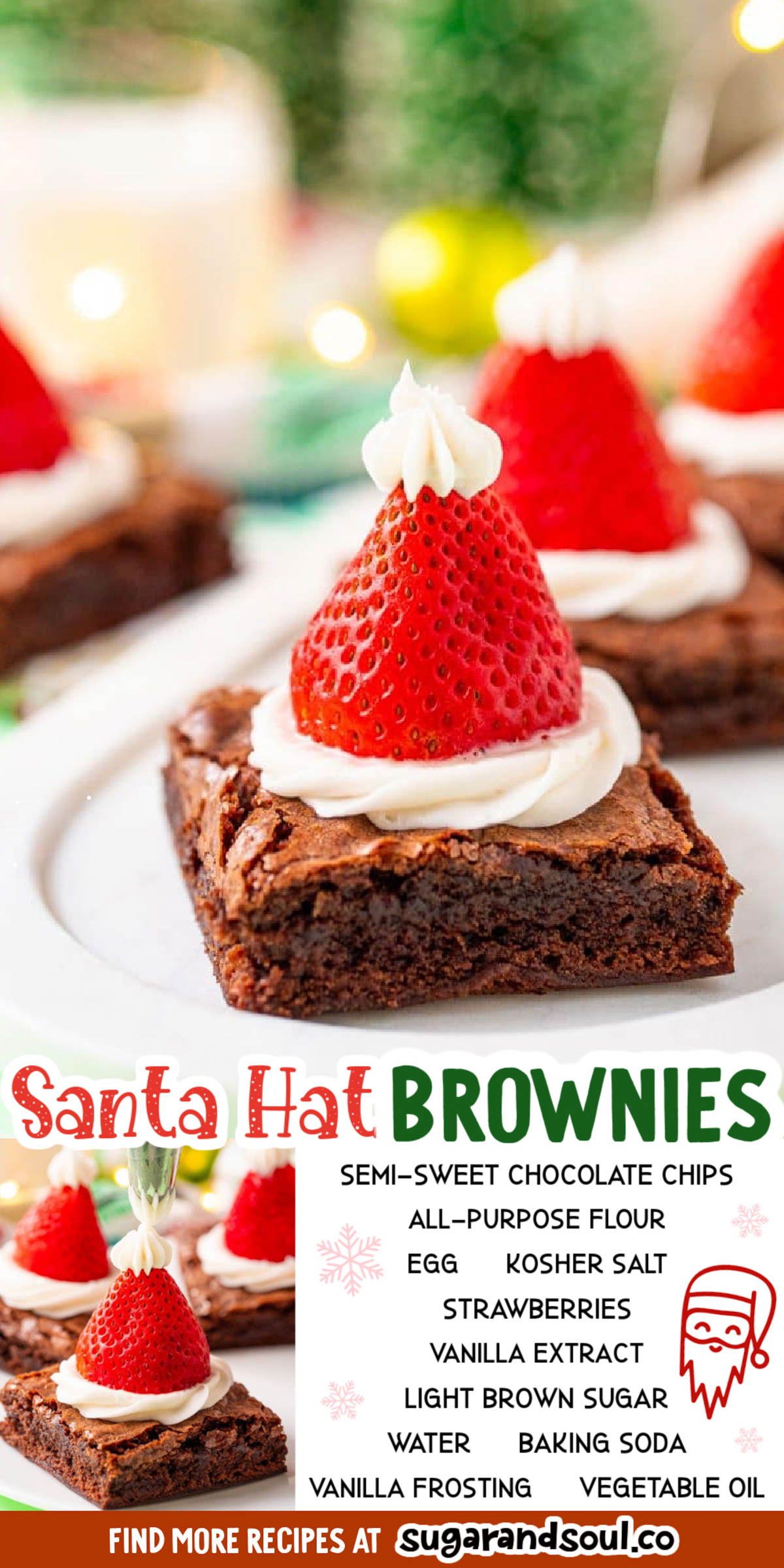 These Santa Hat Brownies are a simple and cute recipe to make with the kids for the holidays! A delicious fudge brownie is topped with buttercream frosting and a juicy strawberry! via @sugarandsoulco