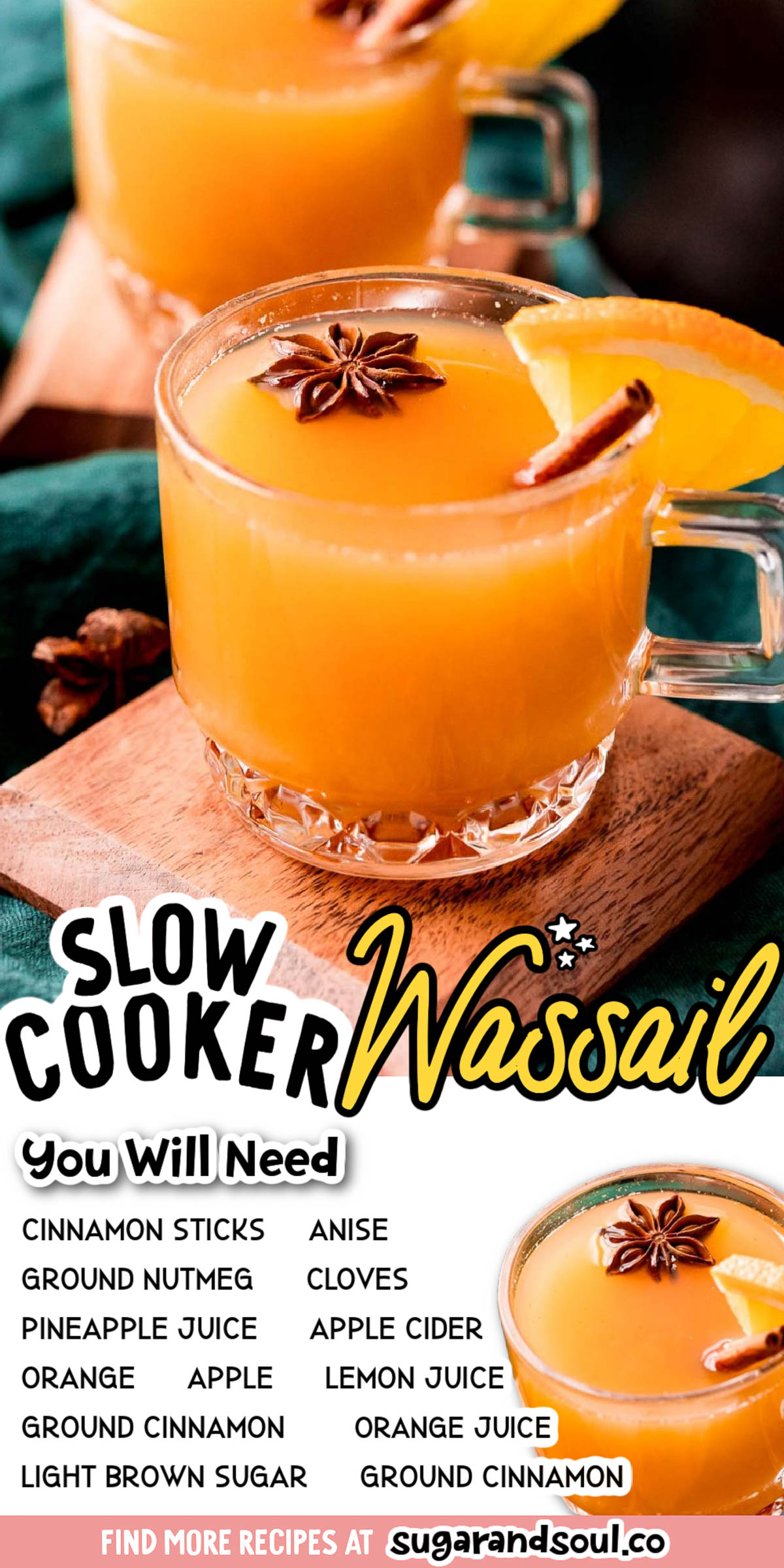 This Hot Wassail recipe is a delicious drink made with warm apple cider, juice, brown sugar, and spices. This warm holiday drink is made in the slow cooker for ease and is perfect for serving at gatherings! via @sugarandsoulco