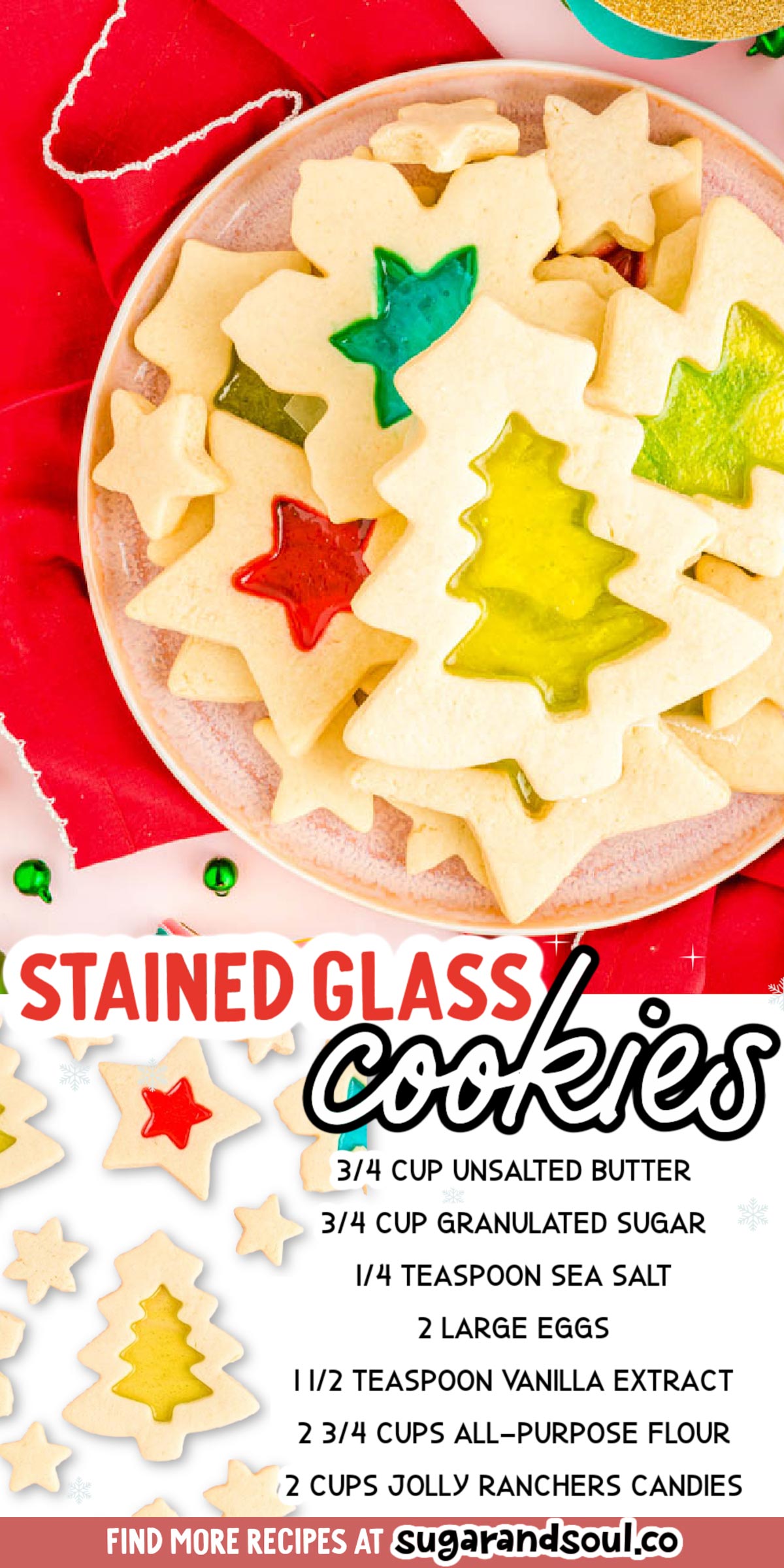 Stained Glass Cookies melt Jolly Rancher candies in the center of sugar cookies to create a colorful holiday treat that everyone will love! Dig out your favorite Christmas cookie cutters and prep this recipe in just 30 minutes plus chill time! via @sugarandsoulco