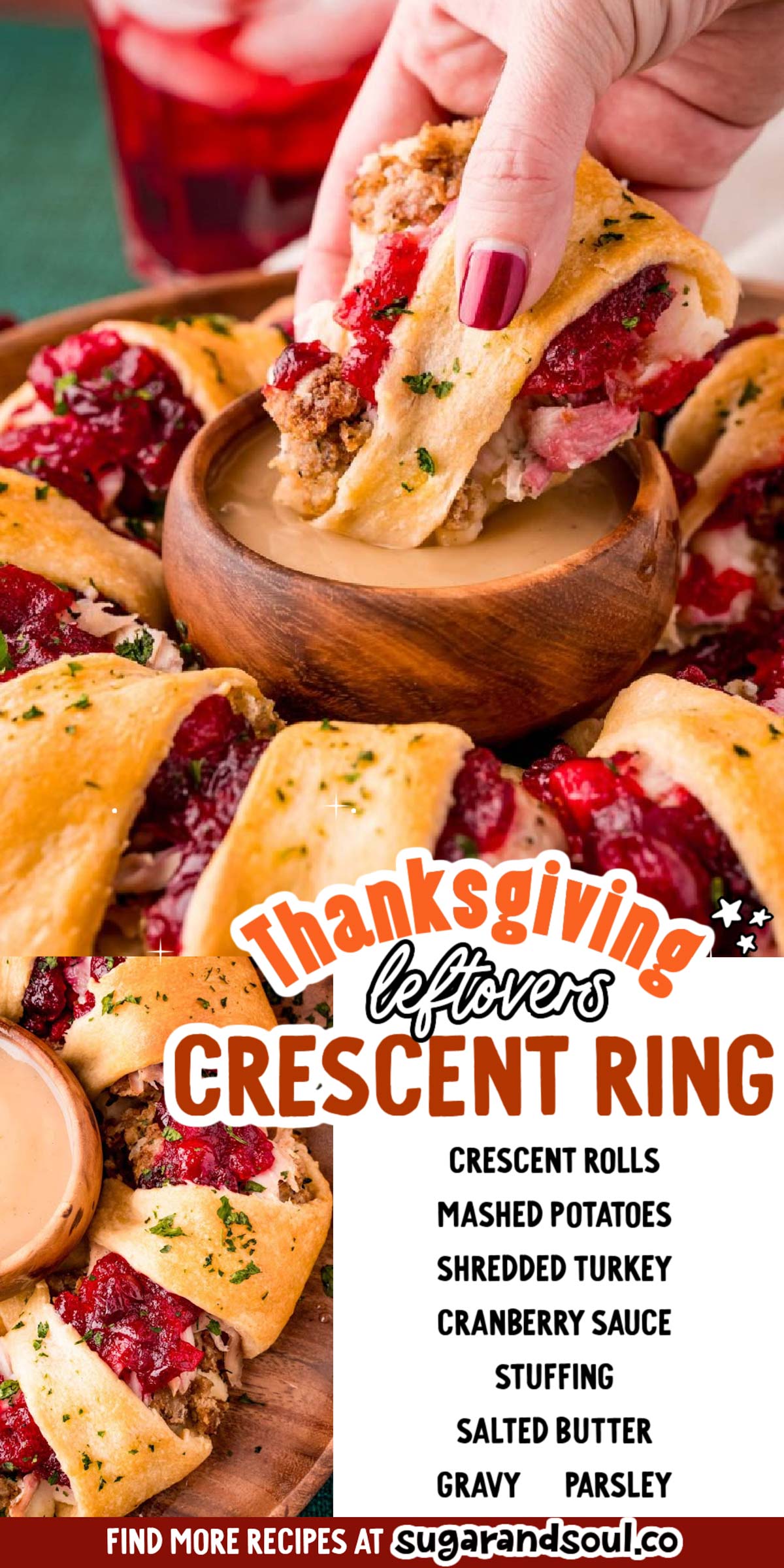 This Thanksgiving Crescent Ring piles your favorite turkey day leftovers onto buttery, flaky crescent rolls for a delicious meal or snack! Baked up to perfection and ready to enjoy in only 35 minutes! via @sugarandsoulco