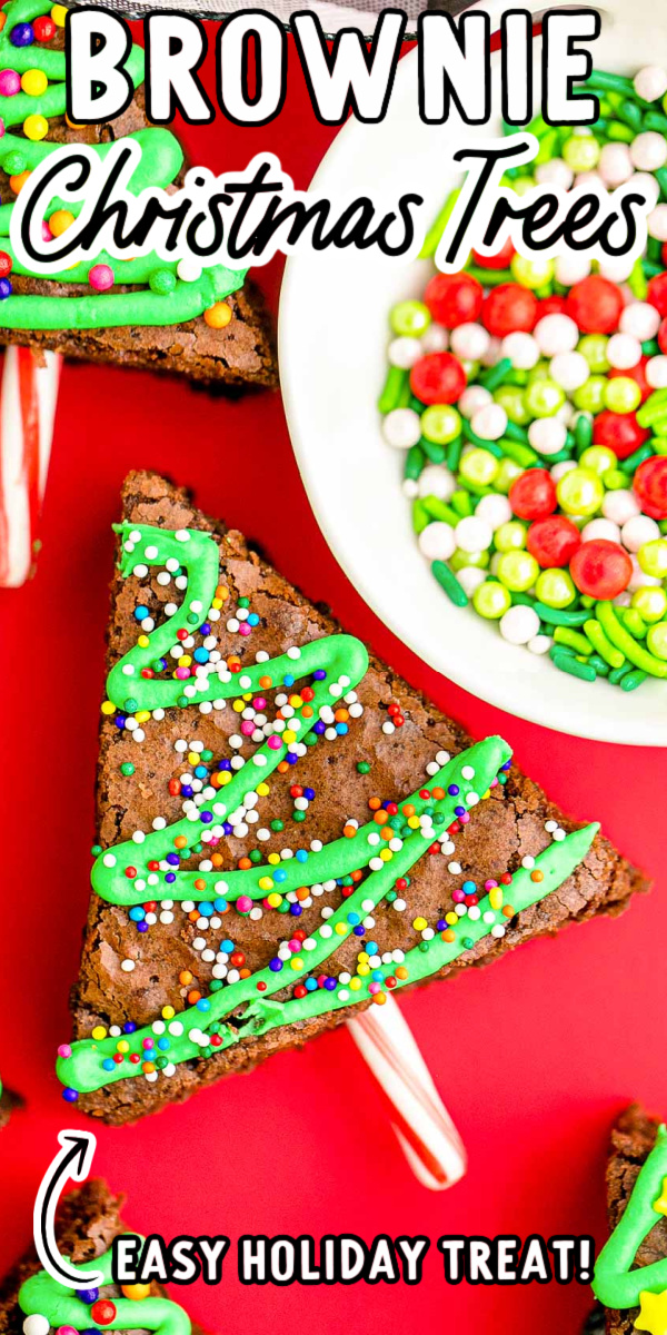 Brownie Christmas Trees are an easy holiday treat to whip up using a boxed brownie mix, a premade jar of frosting, sprinkles, and candy canes! Prep this dessert in just 20 minutes! via @sugarandsoulco