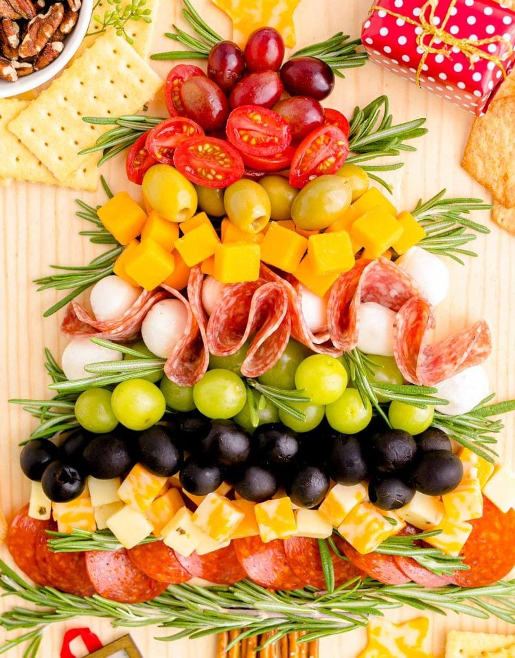 Close up photo of a Christmas Tree shaped Charcuterie board.