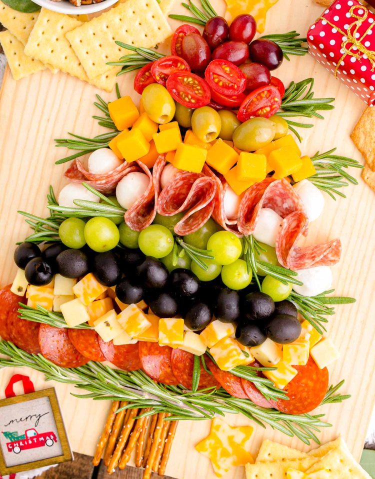 Close up photo of a Christmas Tree shaped Charcuterie board.