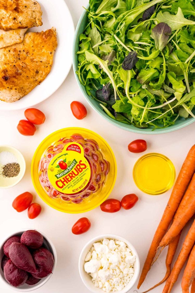 Overhead photo of ingredients to make grilled chicken salad.