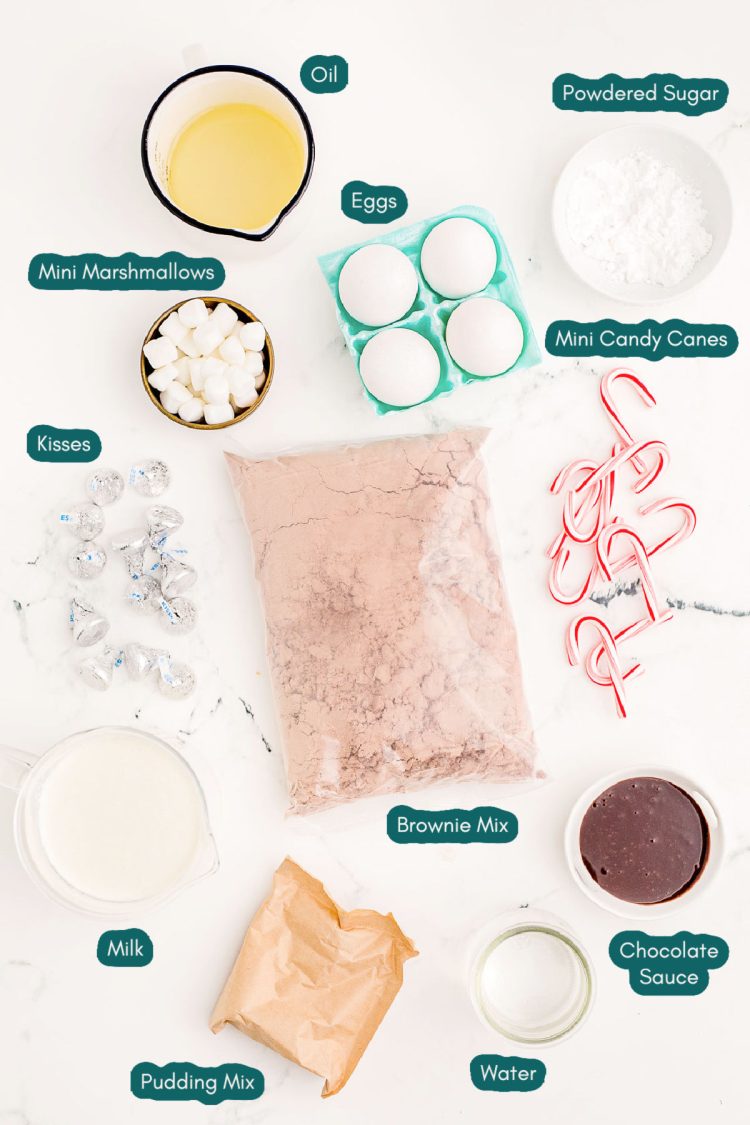 Overhead photo of ingredients prepped to make hot chocolate brownie bites.