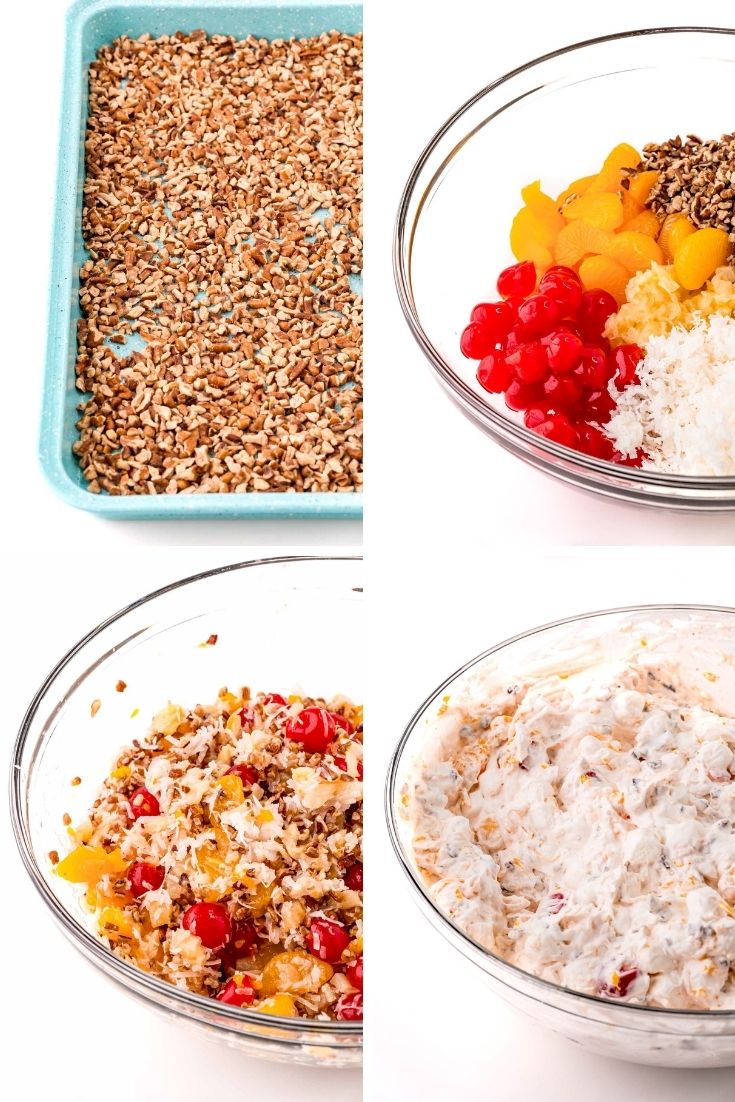 Step-by-step photo collage showing how to make ambrosia salad.