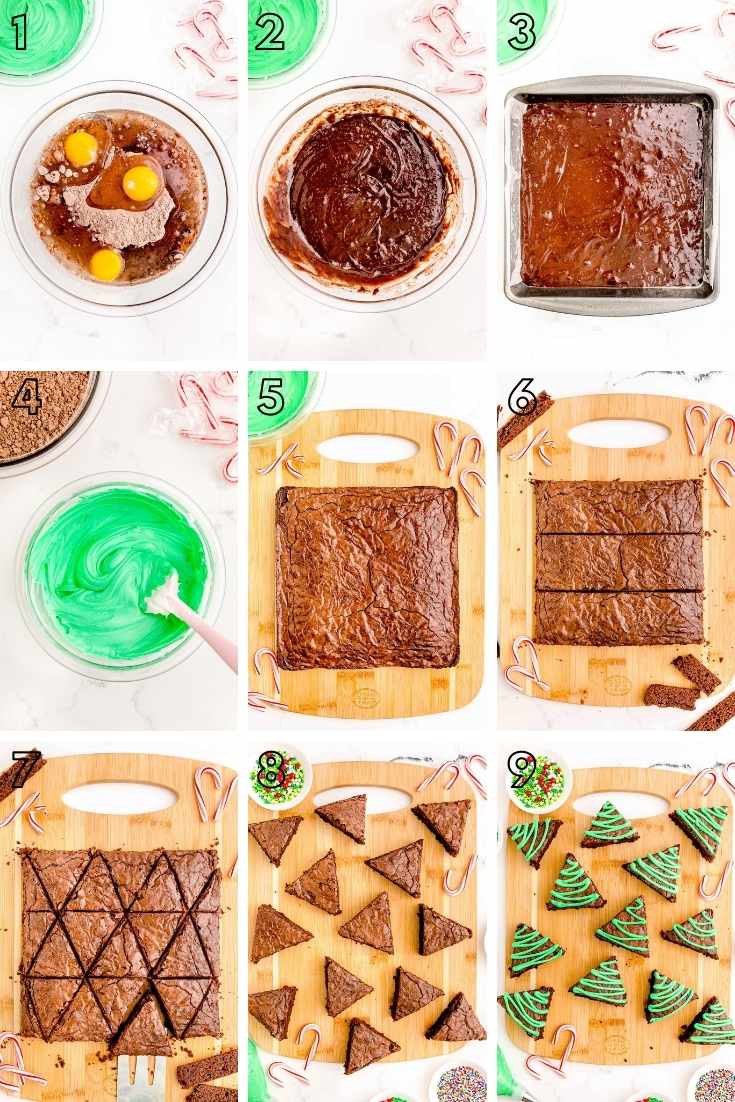 Step-by-step photo collage showing hot to make brownie Christmas trees.