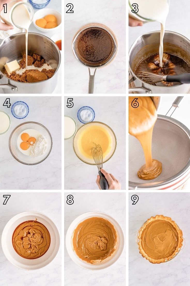 step-by-step photo collage showing how to make butterscotch pie from scratch.