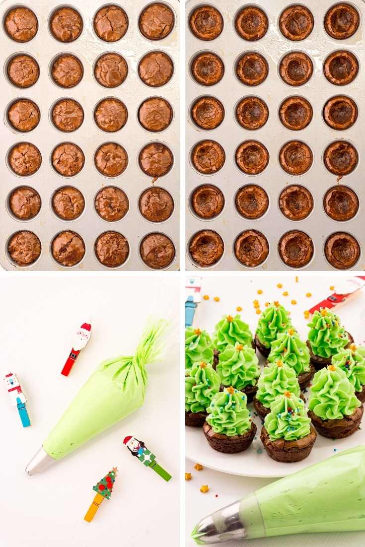 Step-by-step photo collage showing how to make Christmas tree brownie bites.