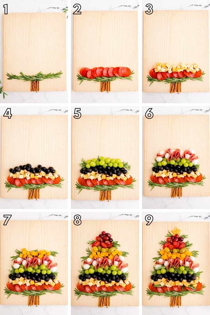Step-by-step photos showing how to build a christmas tree shaped charcuterie board.