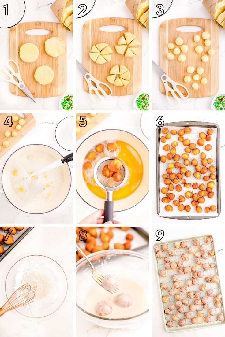 Step-by-step photo collage showing how to make easy donut holes from biscuit dough.