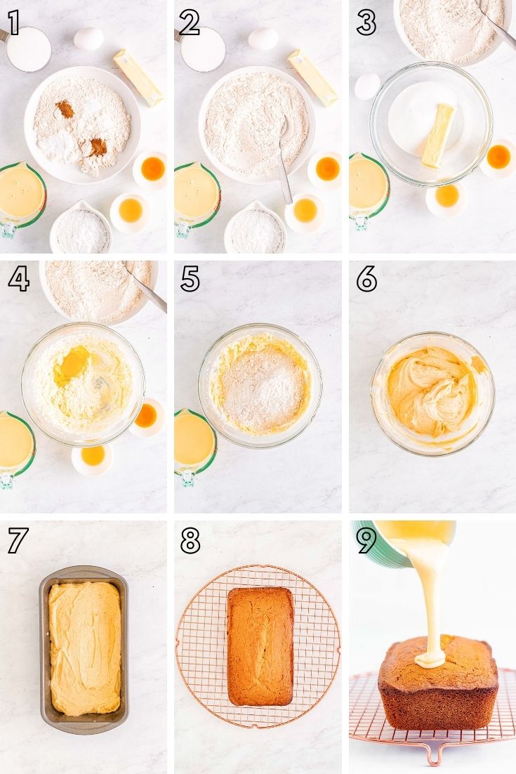 Step-by-step photo collage showing how to make eggnog bread from scratch.