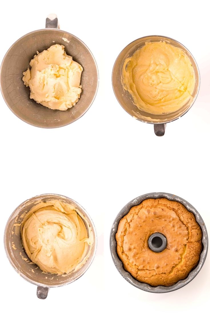 Step-by-step photo collage showing how to make eggnog pound cake.