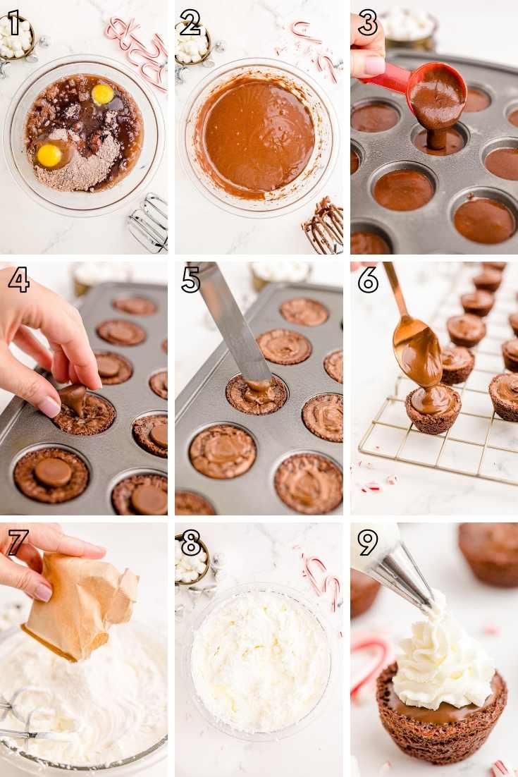 Step-by-step photo collage showing how to to make hot chocolate brownie bites.