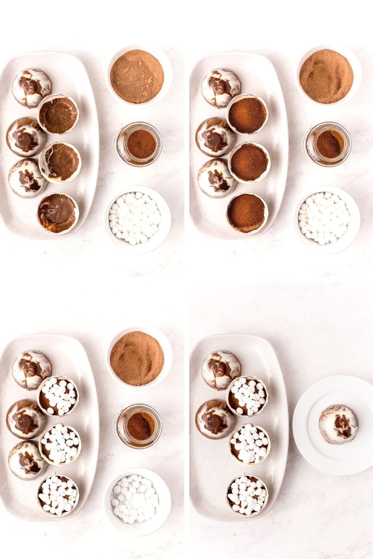 step by step photo collage showing how to make mocha hot chocolate bombs.