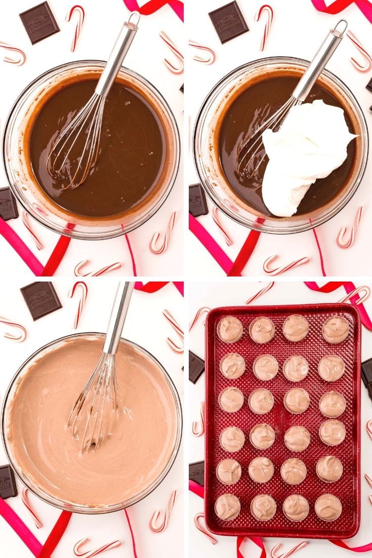 Step-by-step photo collage showing how to make peppermint chocolate pudding shots.