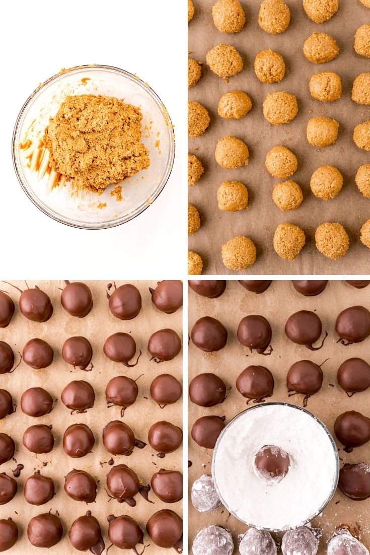 Step-by-step photo collage showing how to make muddy buddy balls (aka puppy chow truffles)