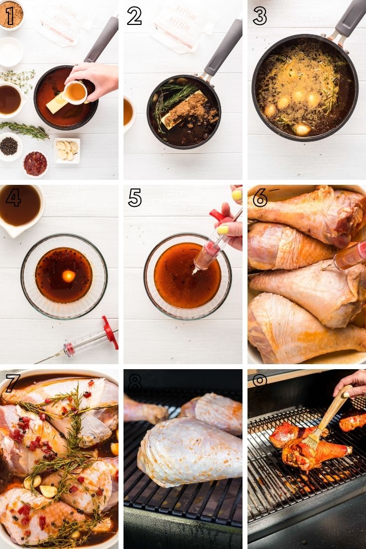step-by-step photo collage showing how to make smoked turkey legs.
