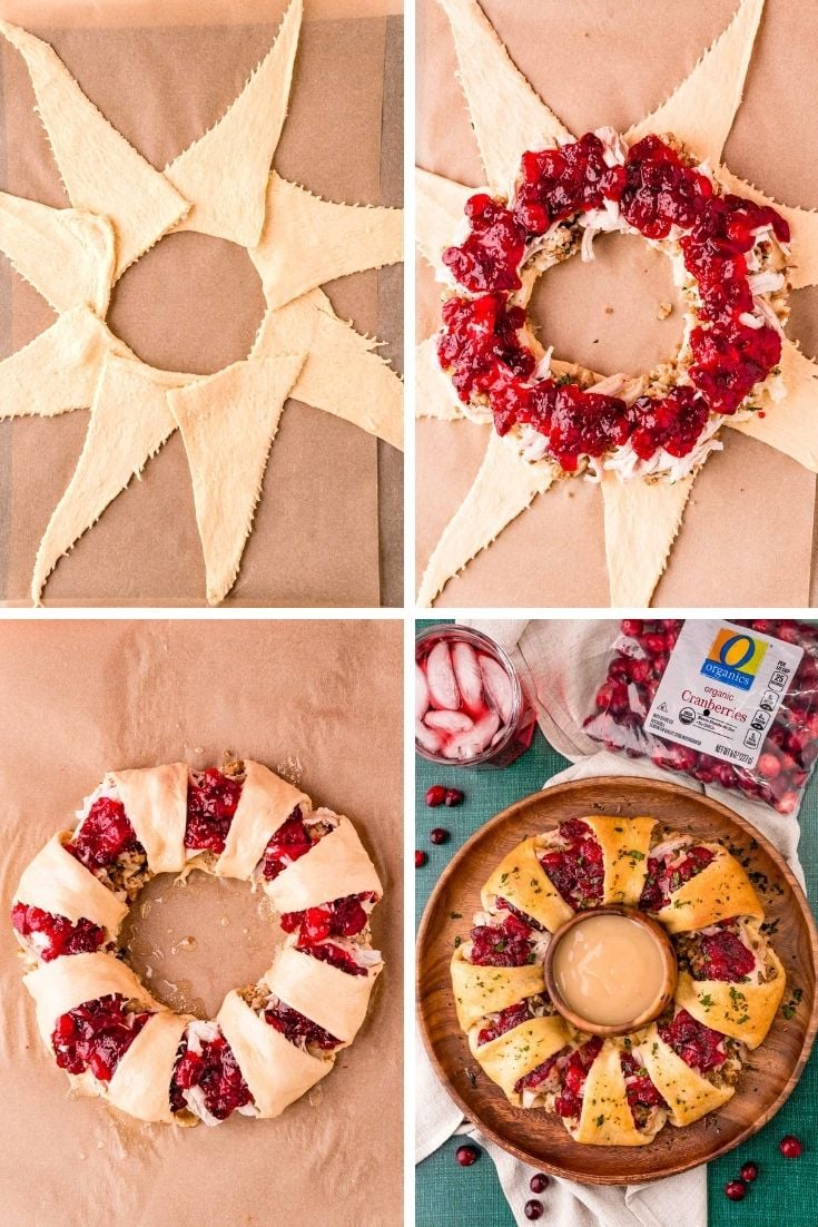 Step-by-step photo collage showing how to make a Thanksgiving leftover crescent ring.