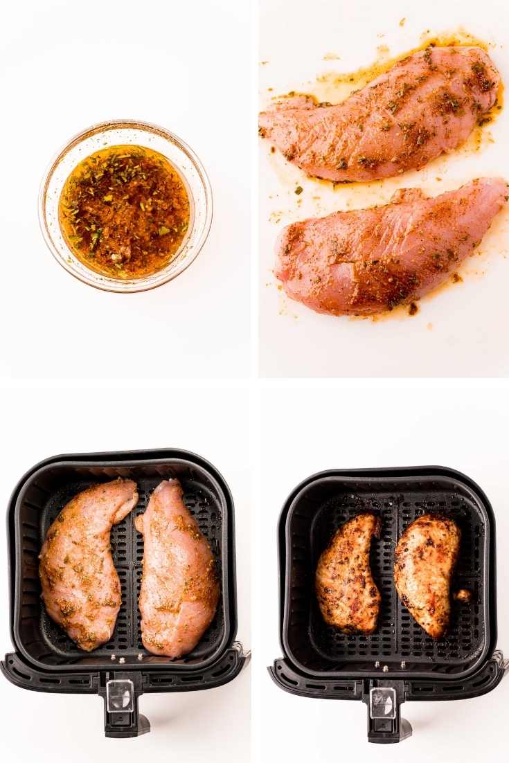 Step-by-step photo collage showing how to make turkey tenderloin in the air fryer.