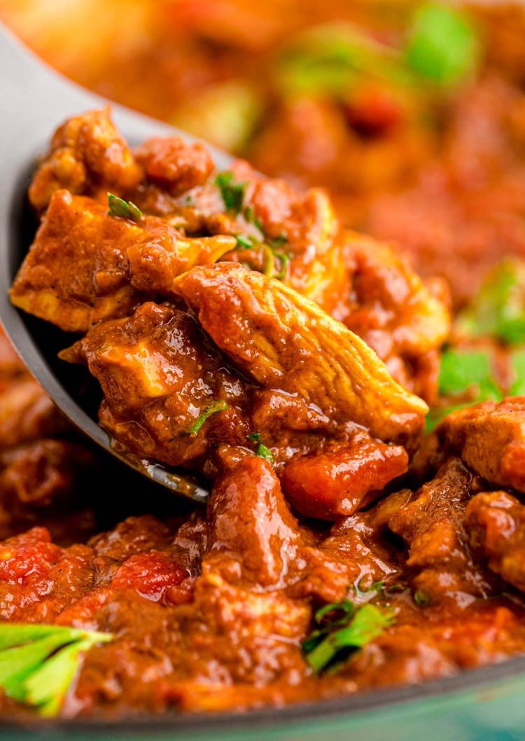 A spoon scooping up madras curry in a skillet.