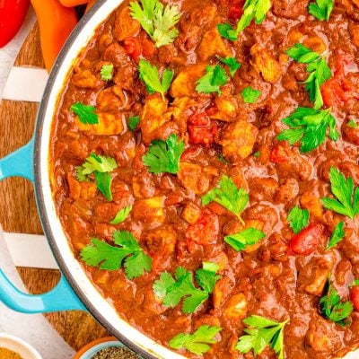 Overhead photo of madras curry in a deep skillet.