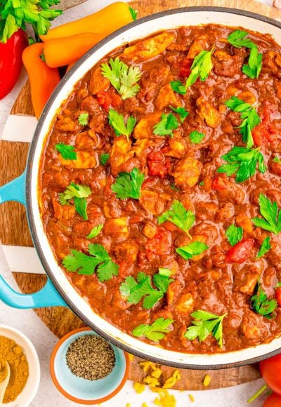 Overhead photo of madras curry in a deep skillet.