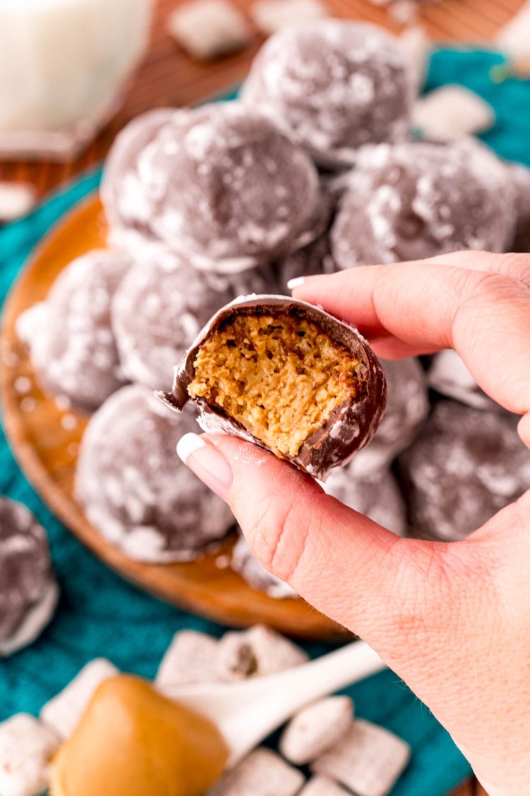 A woman's hand holding a puppy chow truffle with a bite taken from it to the camera.