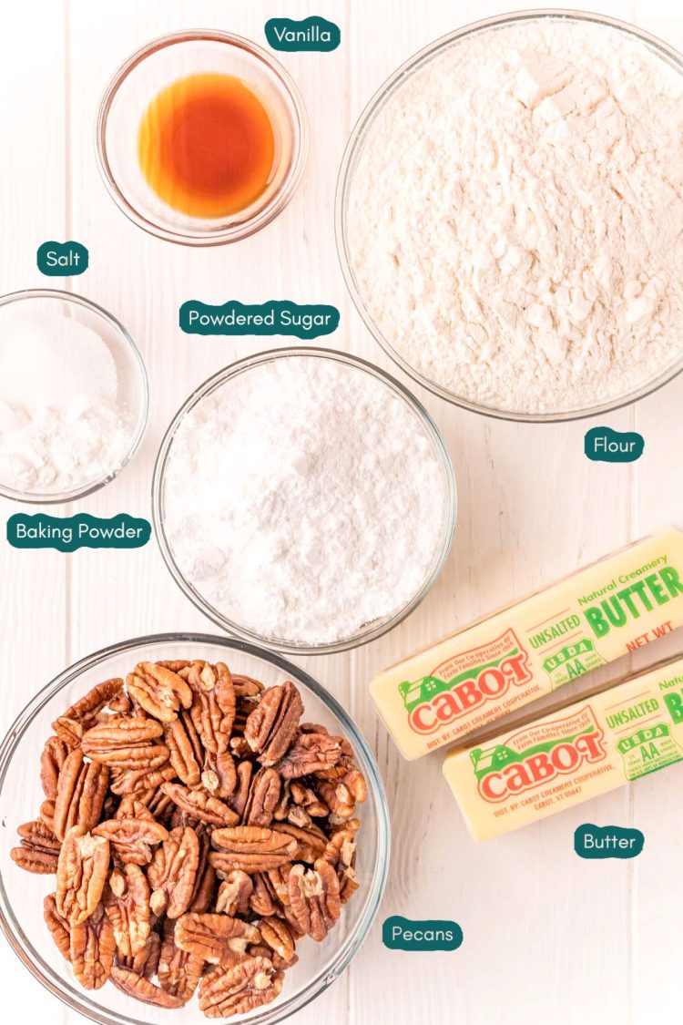 Overhead photo of ingredients prepped to make pecan sandies from scratch.