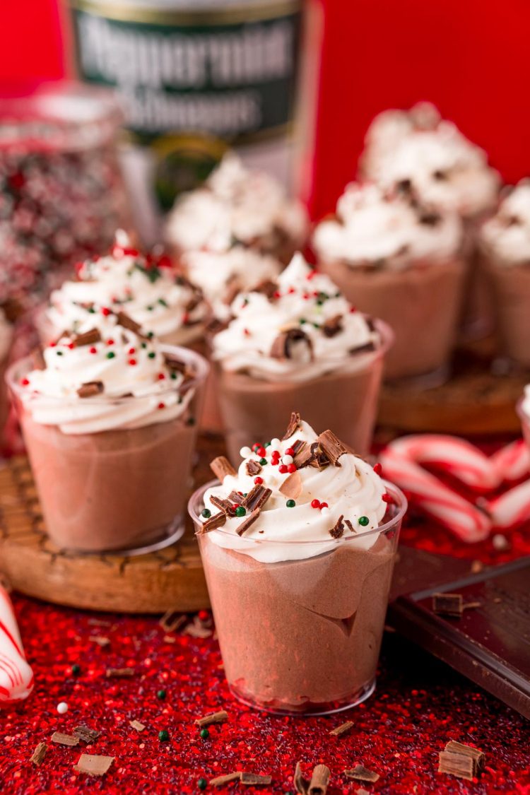 Close up photo of peppermint chocolate pudding shots for the holidays.