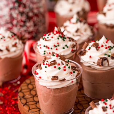 Close up photo of peppermint chocolate pudding shots for the holidays.