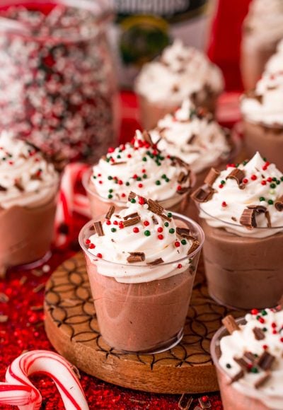 Close up photo of peppermint chocolate pudding shots for the holidays.