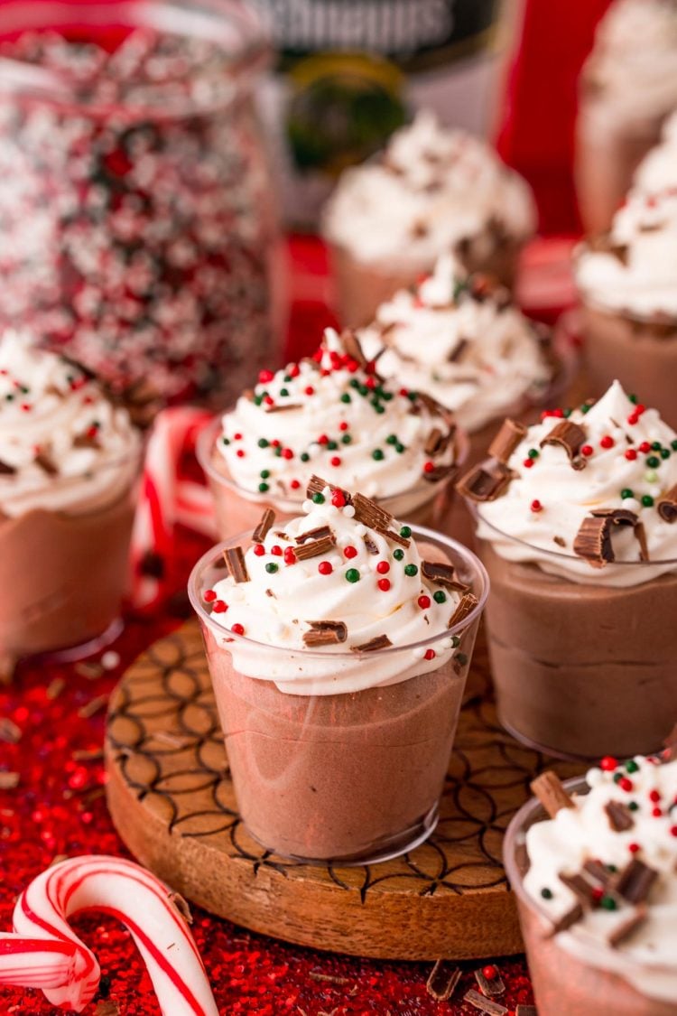 Close up photo of peppermint chocolate pudding shots for the holidays.