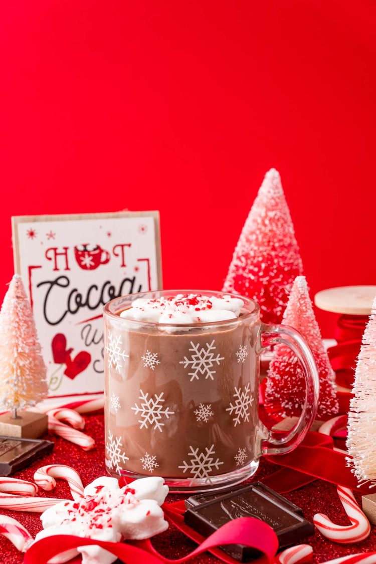 Close up photo of a glass mug with white snowflakes on it filled with peppermint hot chocolate and topped with a snowflake shaped marshmallow.