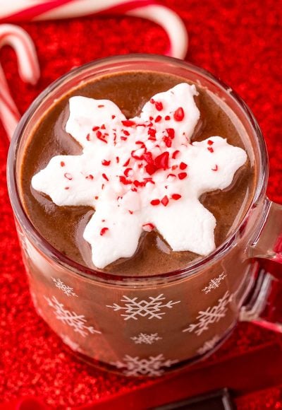 Close up photo of a mug of peppermint hot chocolate on a red surface with candy canes and chocolate and red ribbon around it.