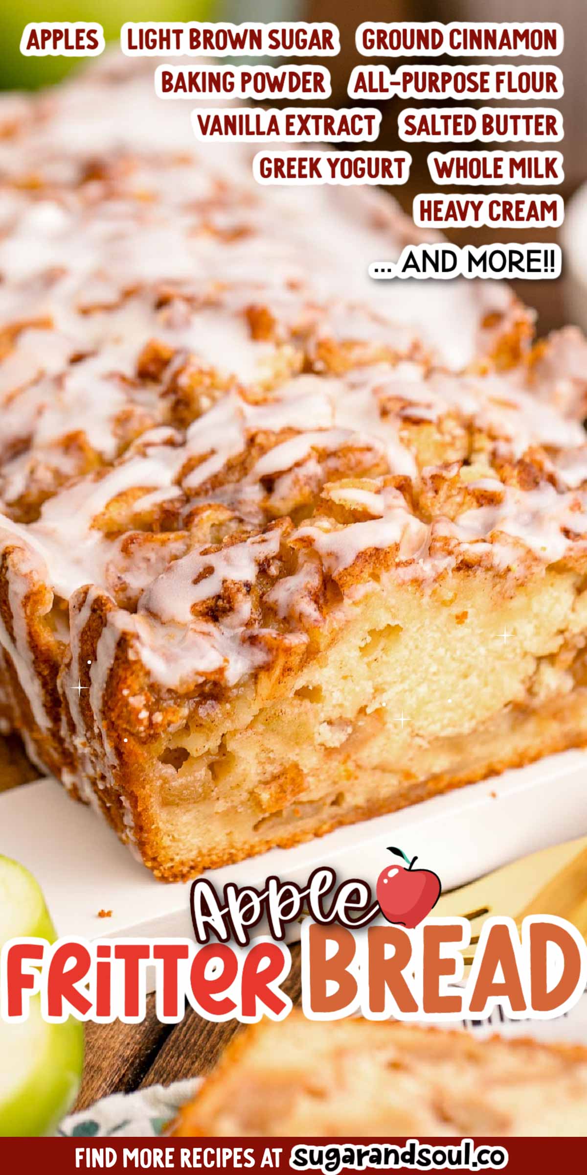 Apple Fritter Bread is a moist, delicious quick bread that's studded with tender spiced apples and then topped with a 3-ingredient glaze! Prep it for breakfast or dessert in just 20 minutes!  via @sugarandsoulco