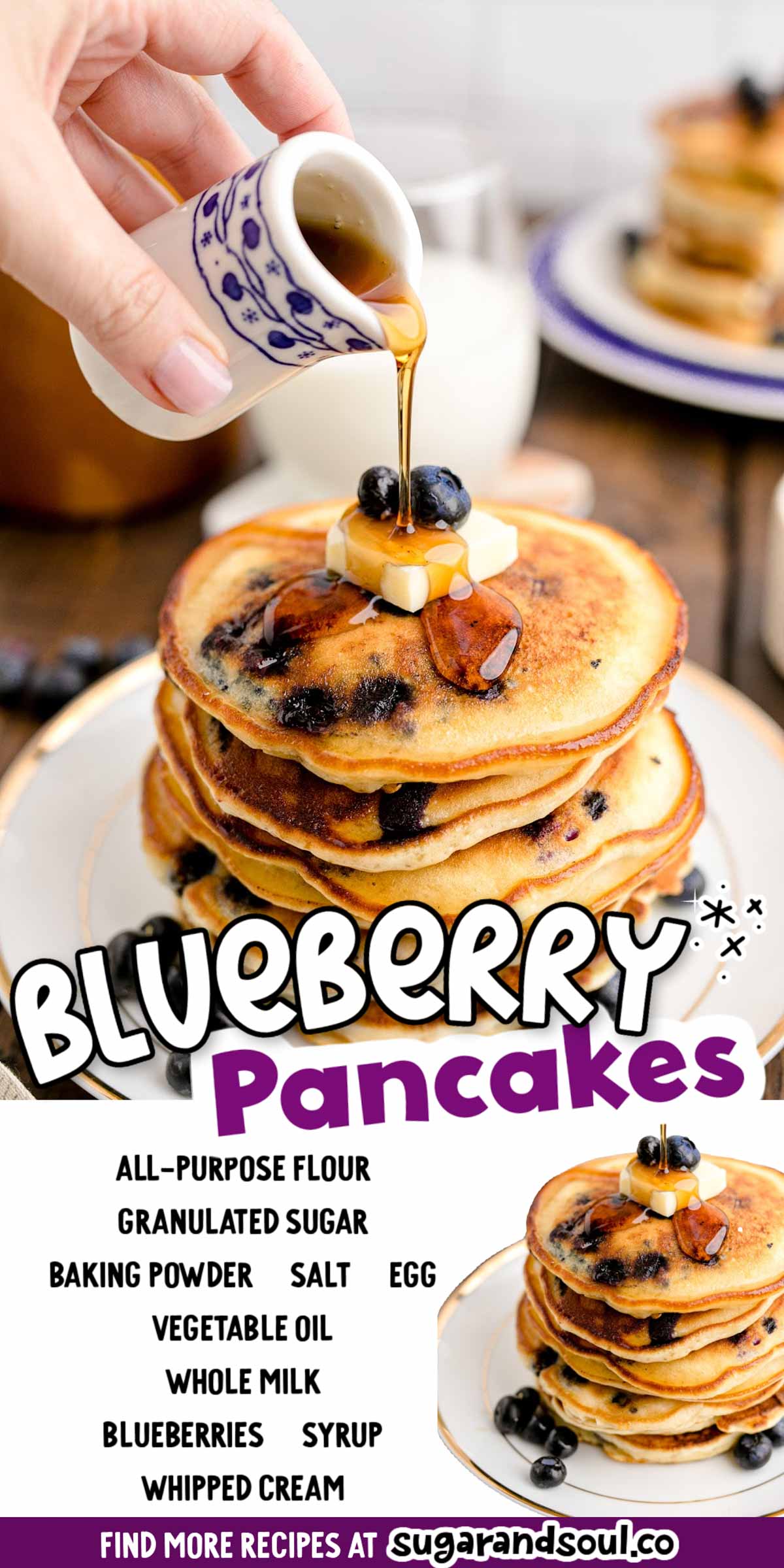 These Blueberry Pancakes combine pantry staple ingredients with juicy blueberries to create big, fluffy pancakes that everyone will love! This family favorite hits the breakfast table in only 30 minutes! via @sugarandsoulco