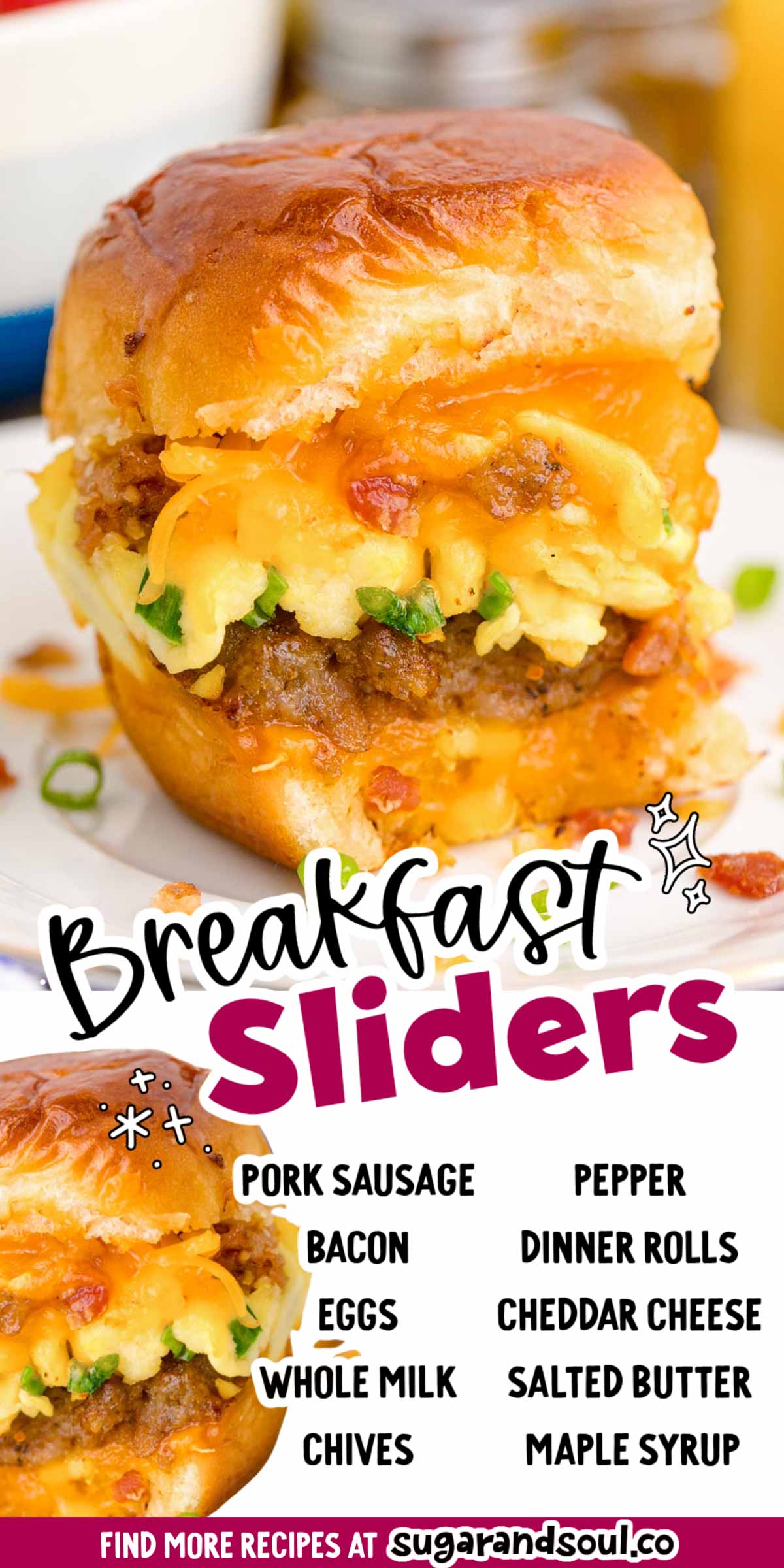 Breakfast Sliders pile all of your favorite breakfast foods onto Hawaiian dinner rolls for a tasty dish that starts your day off satisfied! Made with eggs, cheese, bacon, and sausage in just 45 minutes! via @sugarandsoulco