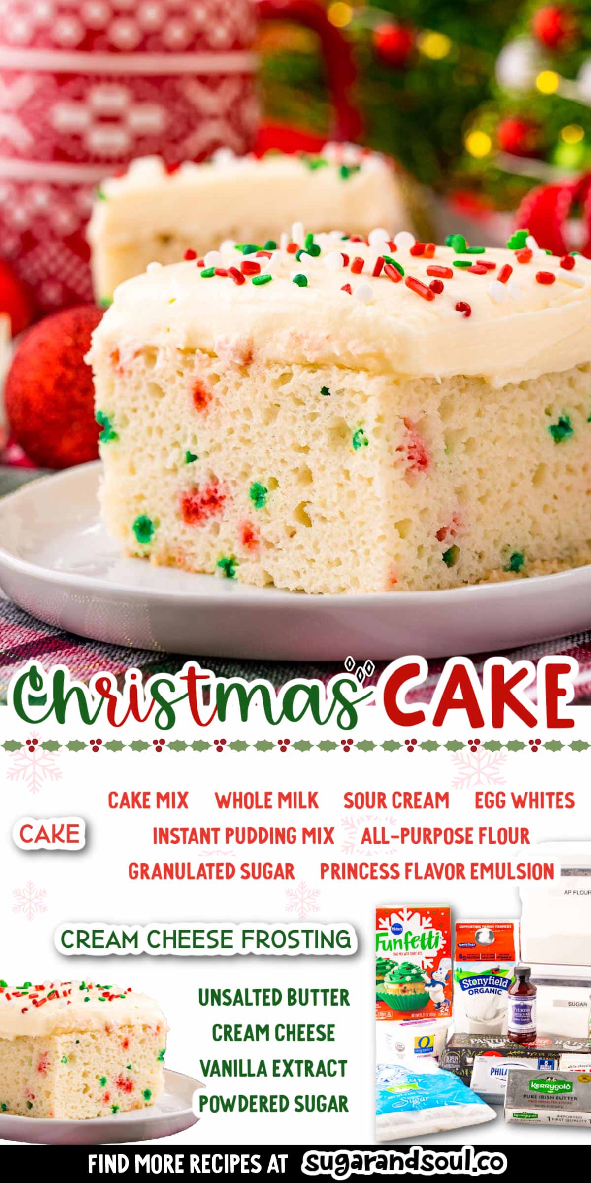 Christmas Cake is a moist, white cake that's studded with red and green sprinkles and finished off with a vanilla cream cheese frosting! This festive dessert is perfect for serving up at large family gatherings! via @sugarandsoulco
