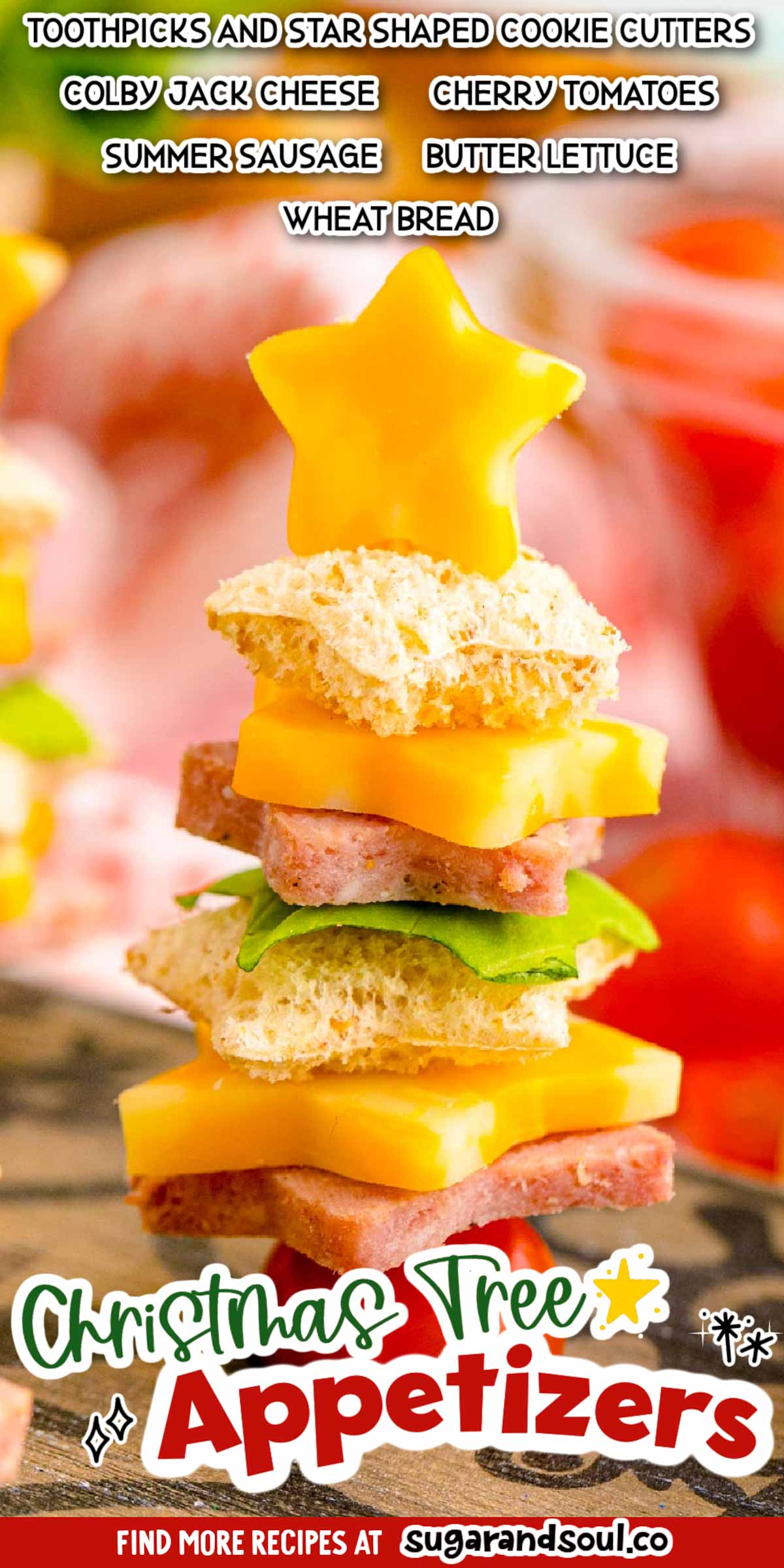 Easy Christmas Appetizer cuts sandwich ingredients into stars and then stacks them onto toothpicks to create a festive Christmas tree shape! Prep this holiday party appetizer in just 30 minutes! via @sugarandsoulco