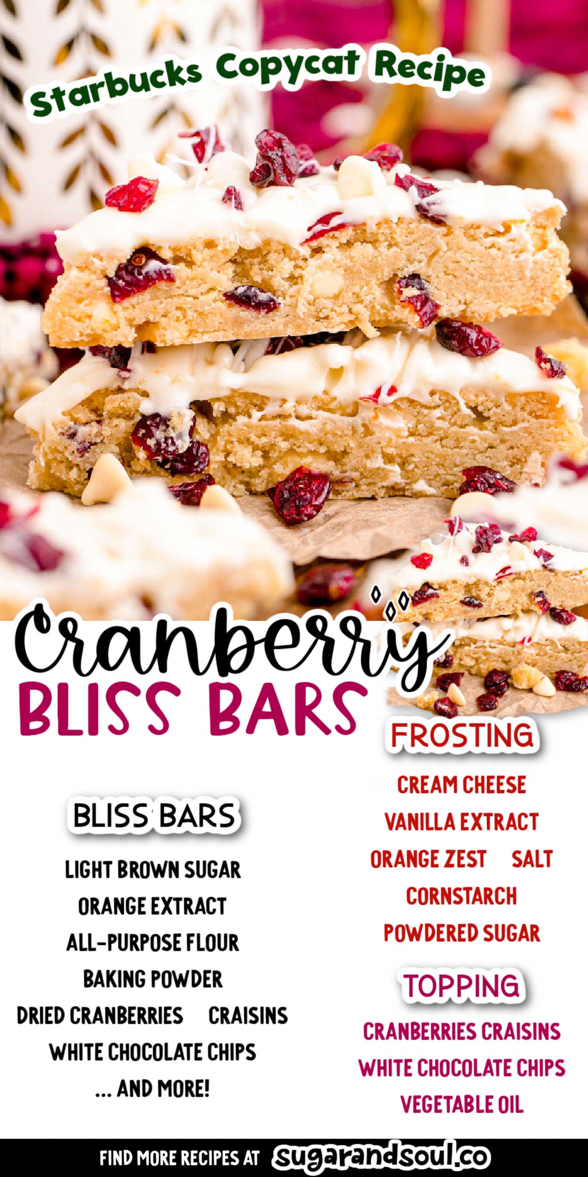 Cranberry Bliss Bars is a Starbucks Copycat Recipe that has a cream cheese frosting, a white chocolate drizzle, and chewy cranberries! This recipe makes two dozen bars that are filled with the delicious flavors of the season! via @sugarandsoulco