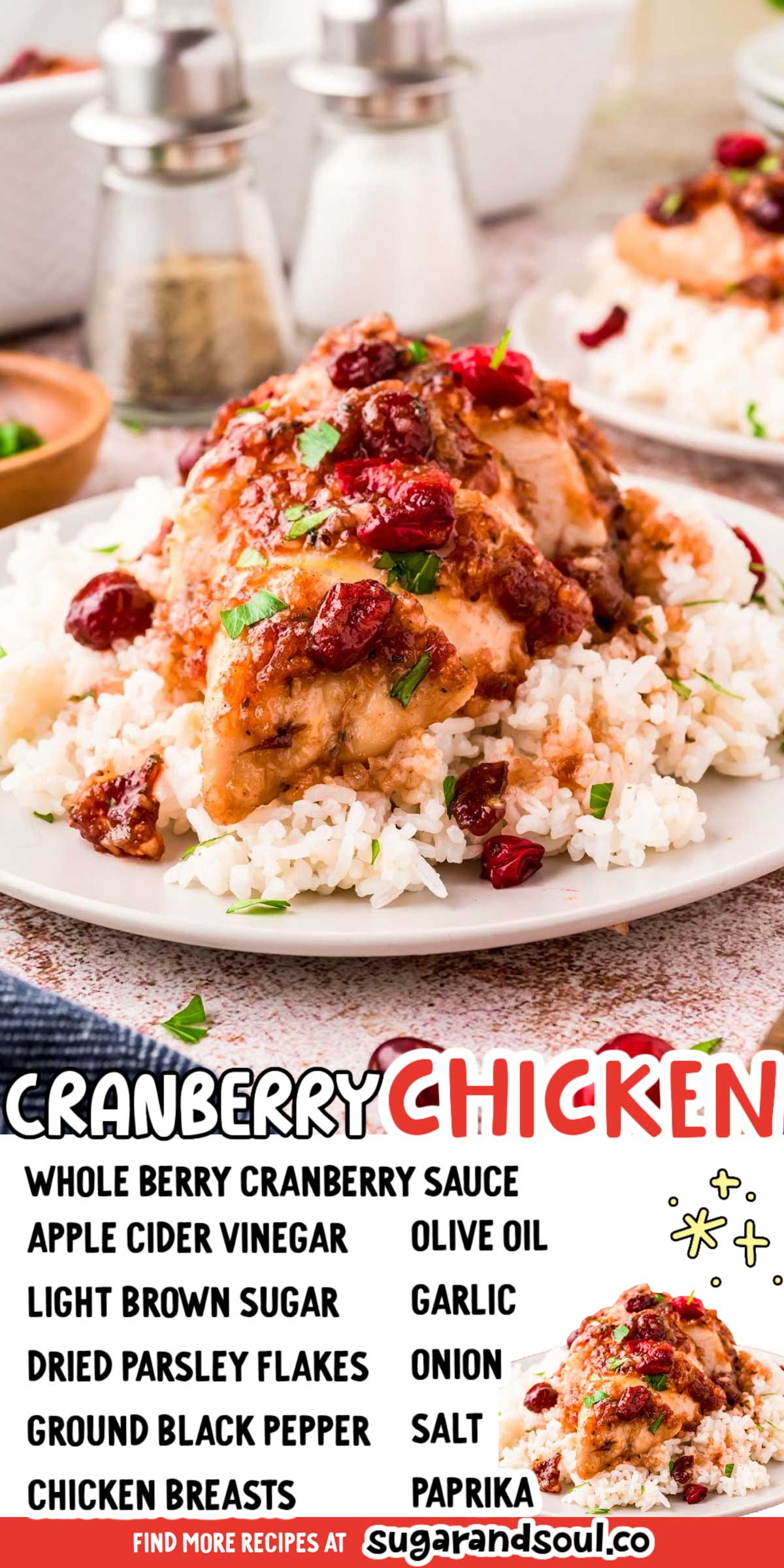 A deliciously easy holiday recipe this Cranberry Chicken is bursting with flavor! With cranberry sauce mixed with seasonings and poured over chicken breasts and baked this is an easy and delicious holiday meal. via @sugarandsoulco