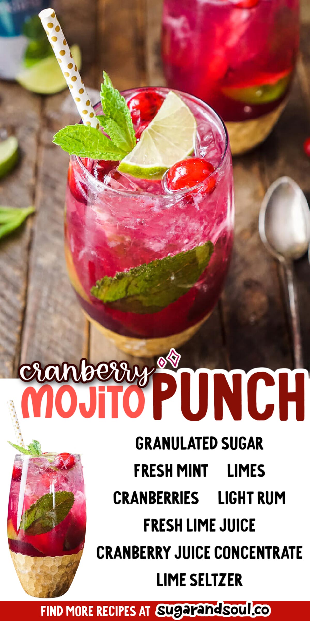 This Cranberry Mojito Punch is a festive, sparkling, and fruity large-batch cocktail that's made with simple syrup, lime juice, cranberry juice concentrate, and lime seltzer. It's sure to have everyone dancing the night away at your holiday party! via @sugarandsoulco