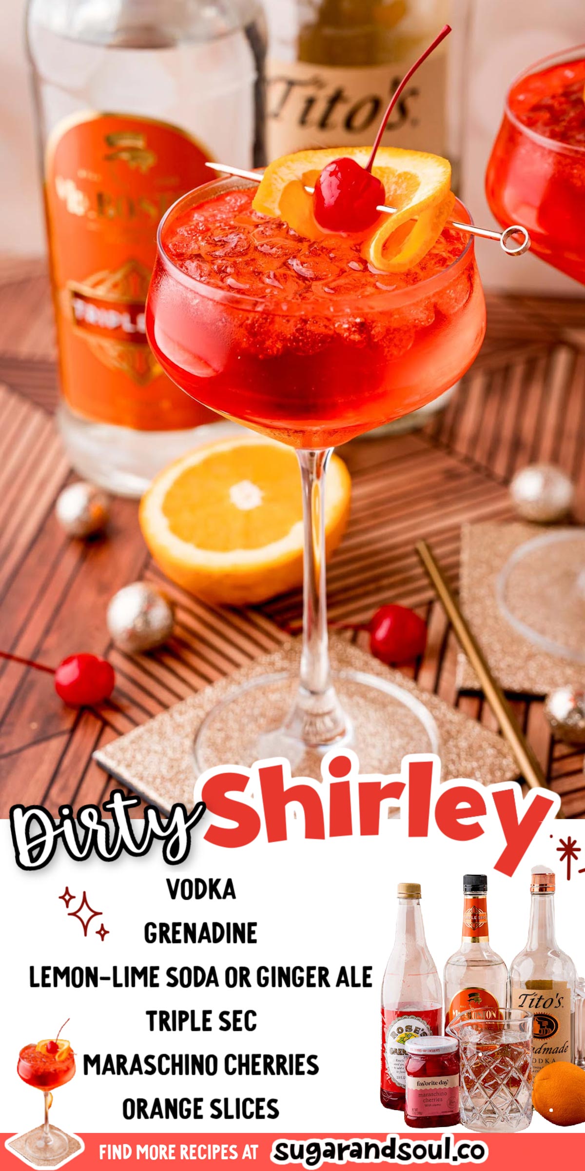 Dirty Shirley Temple Drink is a simple 4-ingredient cocktail made with vodka, triple sec, grenadine, and soda! It's a grown up version of everyone's favorite bubbly mocktail! via @sugarandsoulco