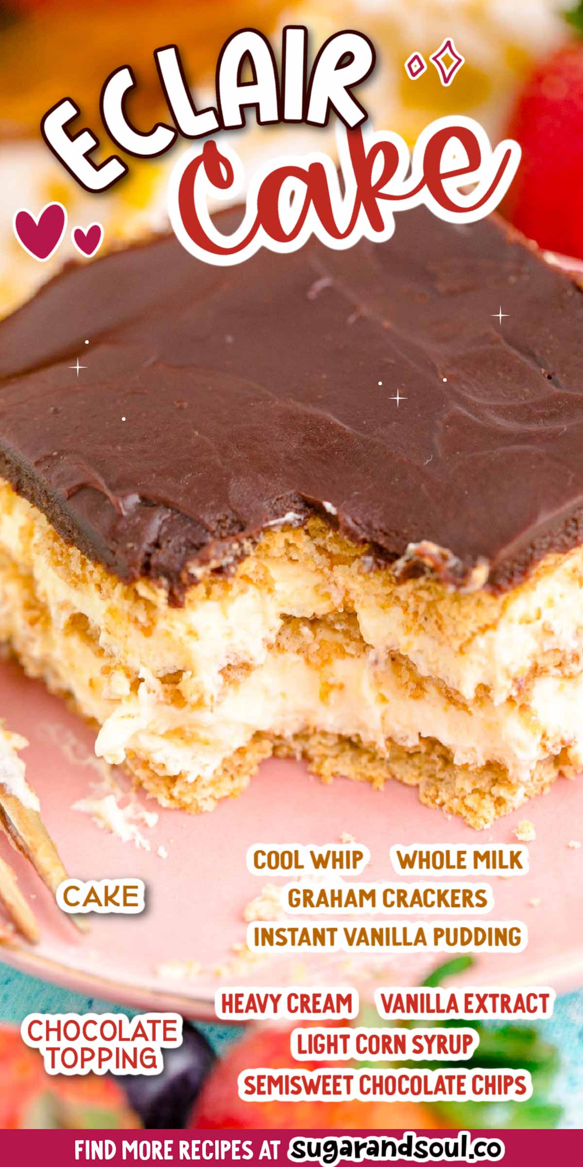 Chocolate Eclair Cake is a no-bake, icebox cake that's made with layers of graham crackers, vanilla cream, and homemade chocolate ganache! Prep this chilled dessert in just 20 minutes! via @sugarandsoulco