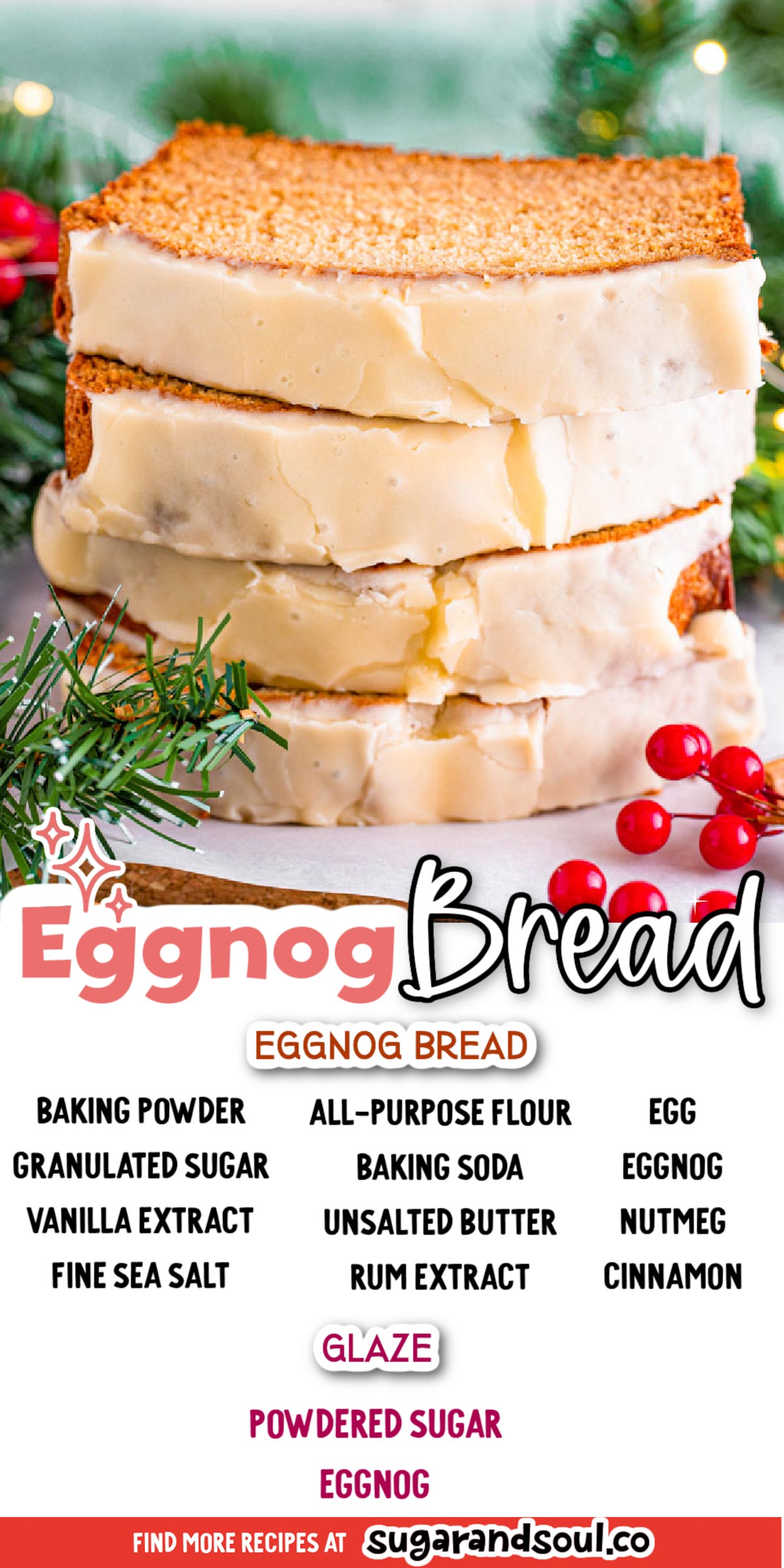 This Eggnog Bread is a perfectly moist and tender, easy quick bread recipe that gets finished off with a 2-ingredient sweet eggnog glaze! An easy-to-make dessert that's great to enjoy at those wintertime holiday gatherings! via @sugarandsoulco