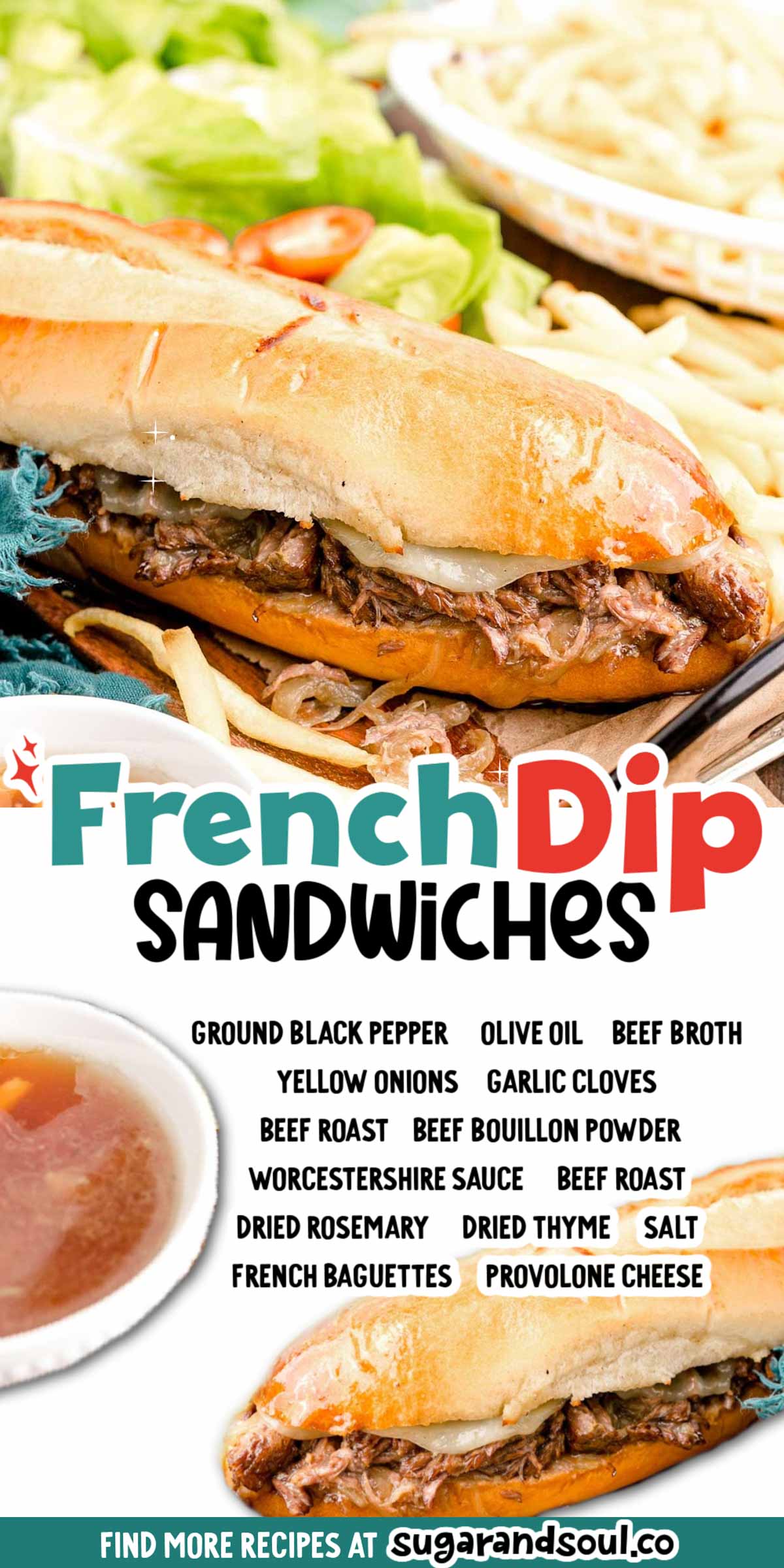 French Dip Sandwiches are filled with tender, slow-cooked roast beef, cheese, and onions then served with homemade au jus sauce for dipping! Prep this easy-to-make recipe in just 30 minutes! via @sugarandsoulco