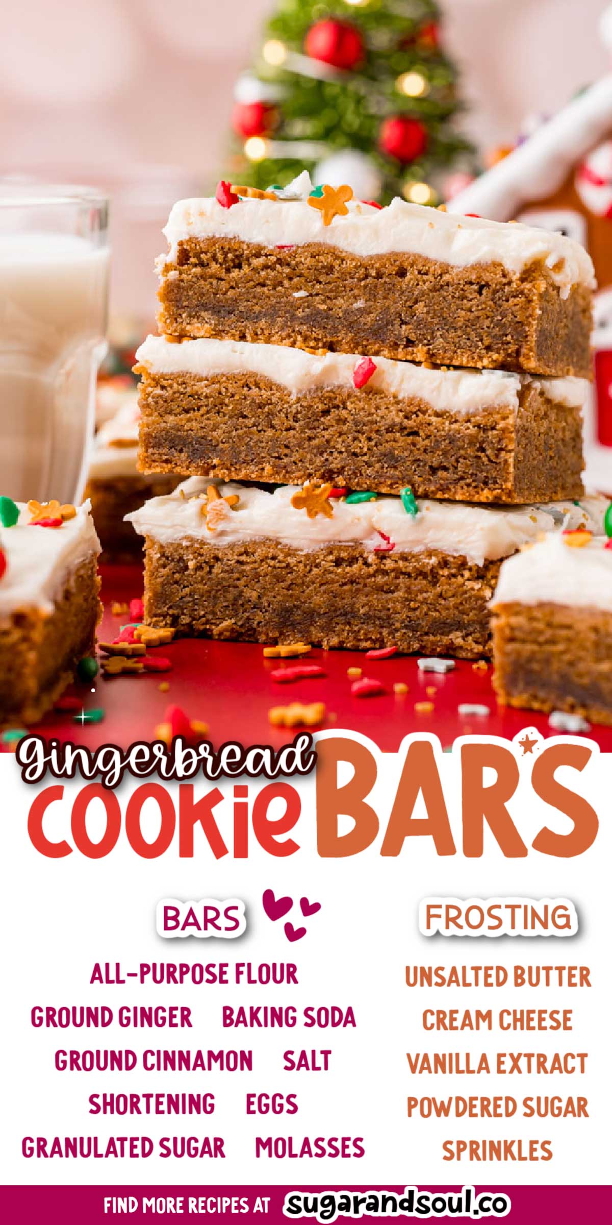 These Gingerbread Bars are perfectly spiced tender, thick cookie bars that are covered in a silky smooth 4-ingredient cream cheese frosting! Great for feeding a large crowd around the holidays! via @sugarandsoulco