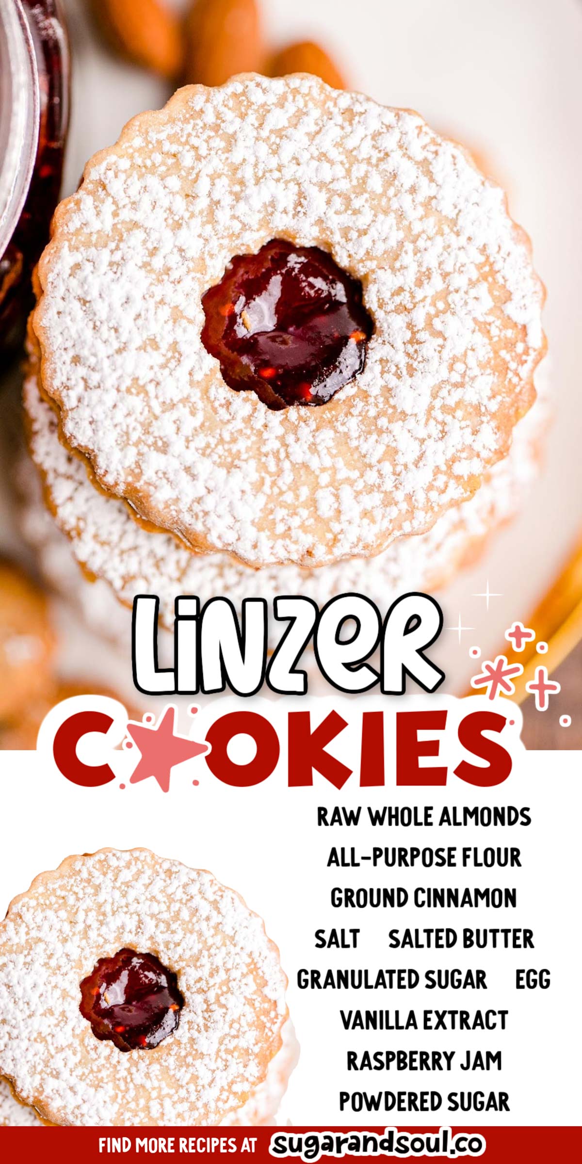 These Linzer Cookies are made from a homemade sweetened cut-out cookie dough made with almonds with raspberry jam sandwiched between them and topped with powdered sugar! via @sugarandsoulco