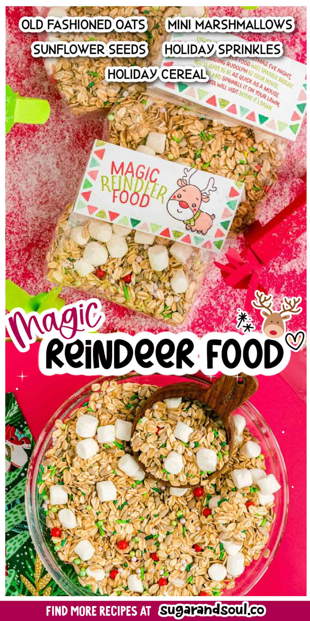 Magic Reindeer Food & Poem is a simple and fun Christmas tradition! Make it in minutes with pantry staples and snag these FREE printable poem labels to package it up for the kids to spread on the lawn to guide Rudolph and Santa to your house on Christmas Eve! via @sugarandsoulco
